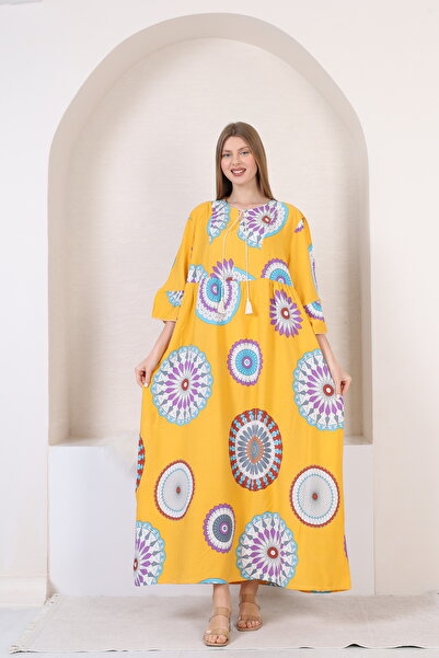 mervemoda Women's large size three quarter sleeve long woven dress