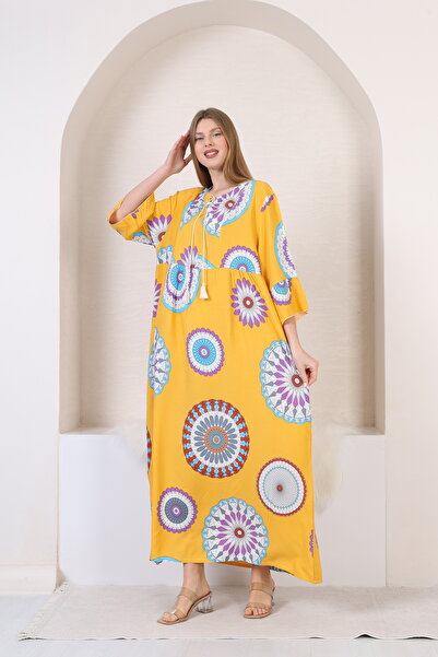 mervemoda Women's large size three quarter sleeve long woven dress