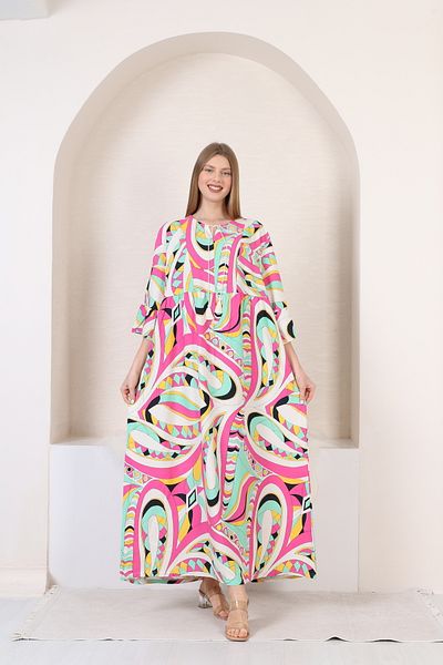 mervemoda فستان نسائي طويل منسوج بأكمام ثلاثة أرباع مقاس كبير
