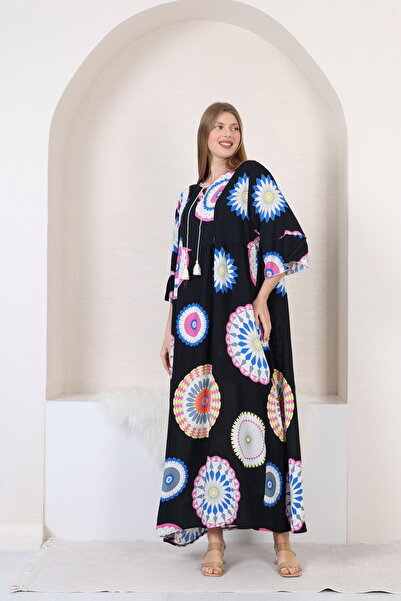 mervemoda Women's large size three quarter sleeve long woven dress