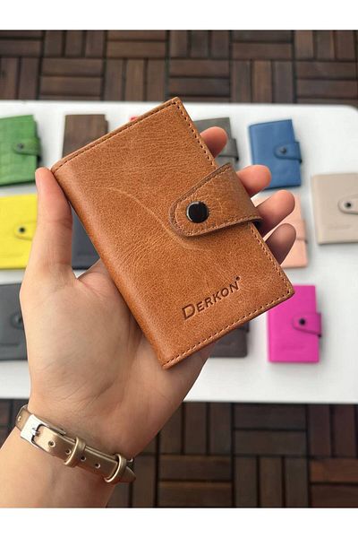 DERKON 100% Genuine Leather Accordion Card Holder Light Tan