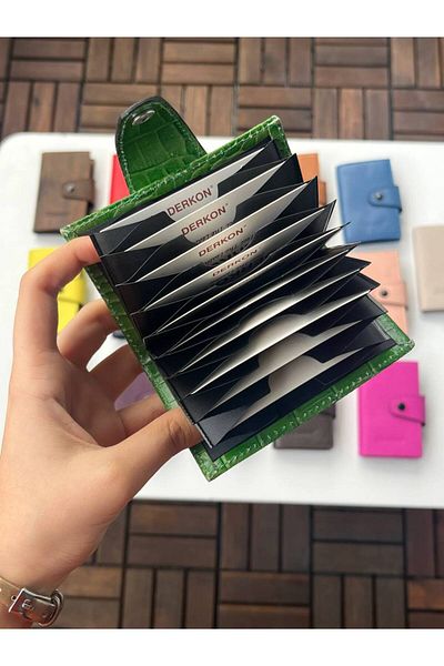 DERKON 100% Genuine Leather Accordion Card Holder Green Croco