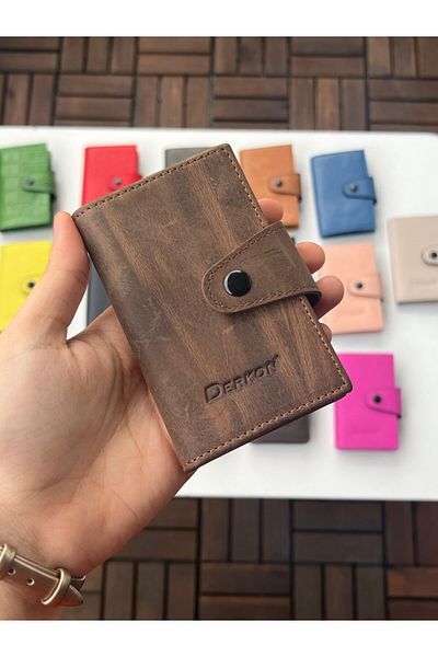 DERKON 100% Genuine Leather Accordion Card Holder Crazy Tan