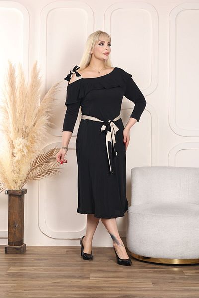 Butik Nilyam Γυναικείο φόρεμα με ζώνη 23003 με λεπτομέρεια ώμου με ζώνη Lycra 23003 Μαύρο