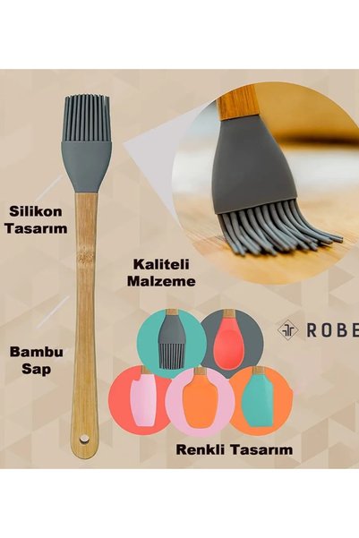 Küçük Mutluluklar 5 Parça Silikon Spatula Kaşık Fırça Seti - Bambu Saplı