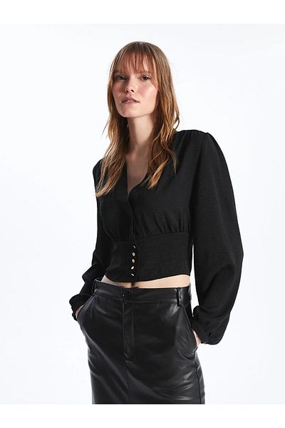 LC Waikiki LCW Vision V-neck Straight Long Sleeve Crop Women's Blouse