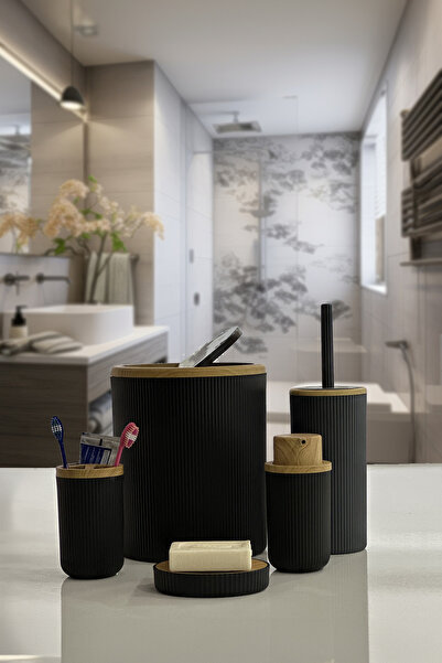 BİLTAŞ PLASTİK Auaro 5 Parça Siyah Çizgili Bambu Kapaklı Yuvarlak 5'li Banyo ...