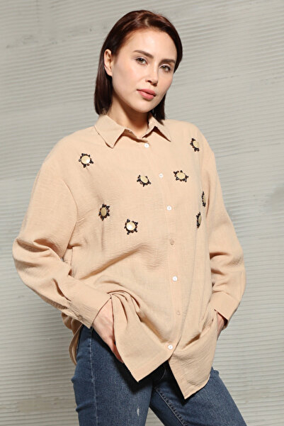 GİYSA Kadın Boncuk Nakışlı Uzun Kol Gömlek