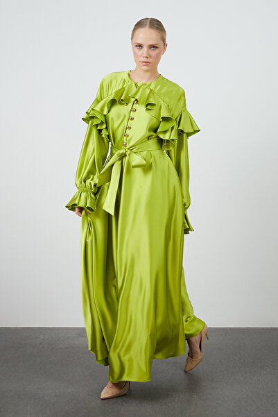 GİZİA Fırfır Detaylı Yeşik Uzun Elbise