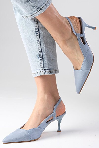 Mio Gusto Megan Blue Color Varf ascutit Spatele Deschis Pantofi cu toc gros