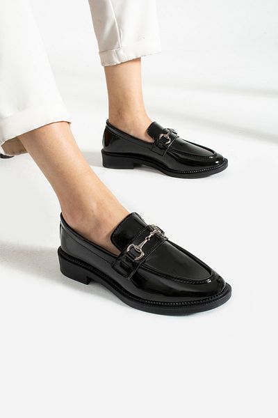 Trendpink Черни лачени меки дамски ежедневни мъжки обувки с катарама