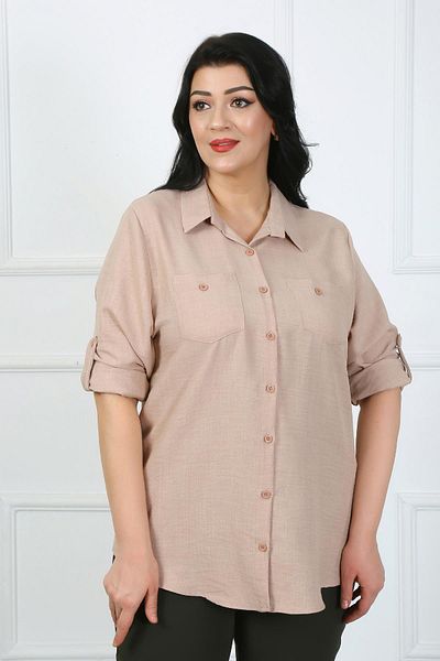 By Alba Collection Women's Stone Colored Soft Linen Large Size Shirt with Pockets
