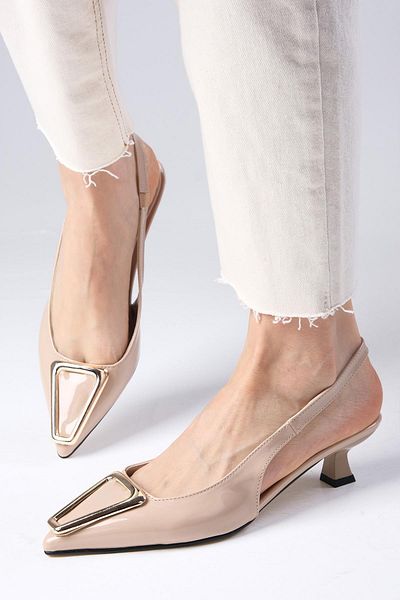 Mio Gusto Milena Nude Colored Patent Leather Mini Heeled Women's Shoes with Metal Buckle Accessories
