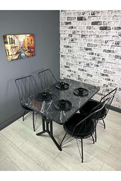 hey modüler mobilya Handan Siyah Mermer Mutfak Yemek Masası Balkon Masası Kavisli Köşe Metal 110*70 cm