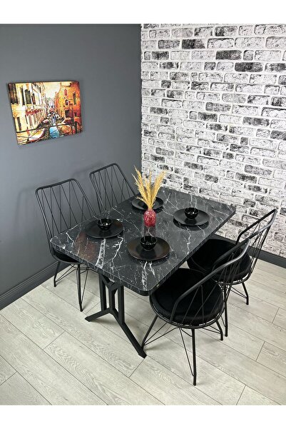 hey modüler mobilya Handan Siyah Mermer Mutfak Yemek Masası Balkon Masası Kavisli Köşe Metal 110*70 cm