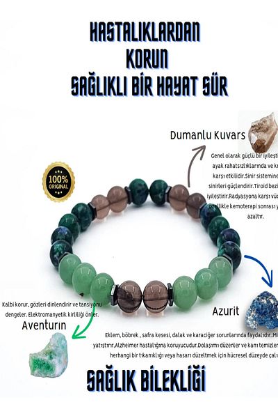 NehirTaş Health Certified Natural Stone Talisman Bracelet - Aventurine, Azurite Smoke Quartz