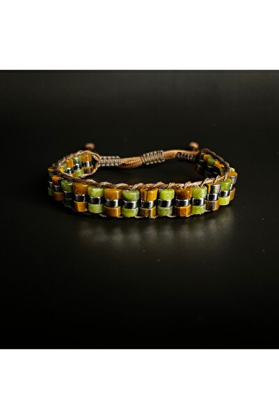 YILDIZ DOĞAL TAŞ Kaplan Gözü ve Yeşim  Makrome Doğal Taş Deri Bileklik Unisex