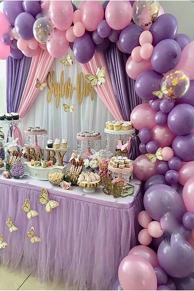 Çemrek Süs Parti Pink Lilac Gold Sequin Transparent Balloon Chain Set of 100