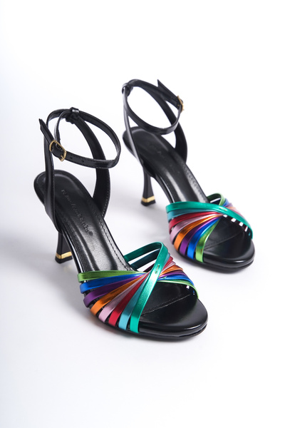 ZİESCE Black Multicolor Thin Heel Sandals with Cross Straps