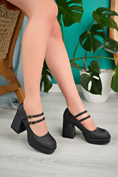 TOLGSHOES Kadın Platform Topuklu Saten Siyah Çift Baretli Yeni Klasik Ayakkabı