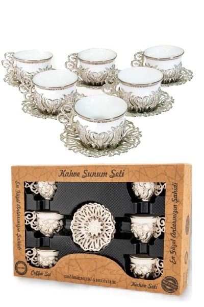 BİTERSE 6 Kişilik Lale Motifli Yaldızlı Otantik Kahve Fincanı Takımı Kahve Seti