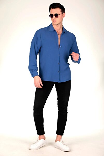 artofdress Erkek Dokulu Aerobin Indigo Keten Oversize Gömlek