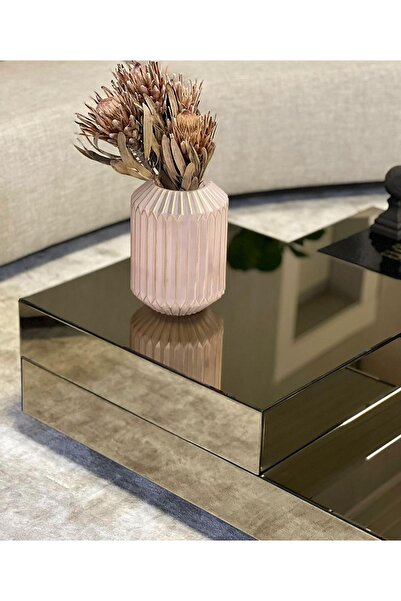 LUXURY VİLLA Luxury Bronz Aynalı Tekerlekli Orta Sehpa 90x90 Yükseklik 28 Cm