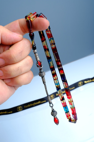 TESBİHEFENDİ 1000 Ayar Gümüş Kazaz Püskül Renkli Kesme Ateş Kehribar