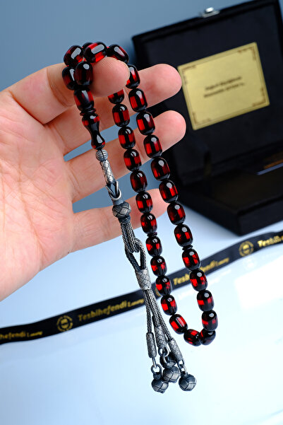 TESBİHEFENDİ 1000 Ayar Ağır Gümüş Kazaz Püskül Sürmeli Ateş Kehribar Tesbih