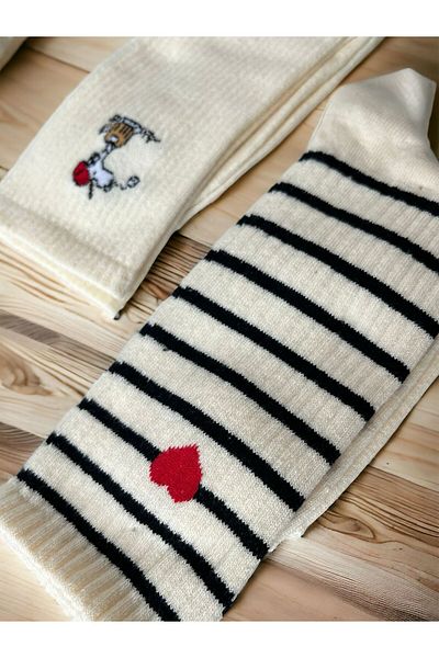 Rachel Cream-Black Heart Detailed 2-Piece Brand Socks Set