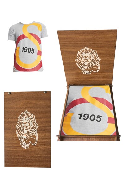Galatasaray تي شيرت رمادي بشعار كبير مرخص مع صندوق خشبي على شكل أسد هدية