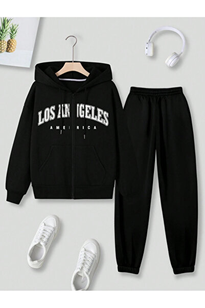 MODARİCH Los Angeles America Printed Cardigan Jogger - Μαύρο χειμωνιάτικο σετ...