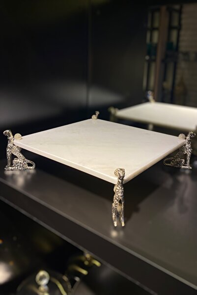 LEMİ DEKORASYON Jacquard Footed White Marble Presentation Holder 30*30 cm