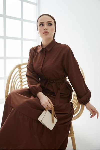 benguen 427 Hemdkragen Geknöpftes Hijab Kleid Braun