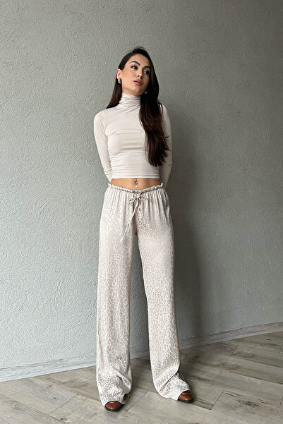 Seda Yalçın Atelier Bej Leopar Desenli Jakarlı Bol Paça Pantolon