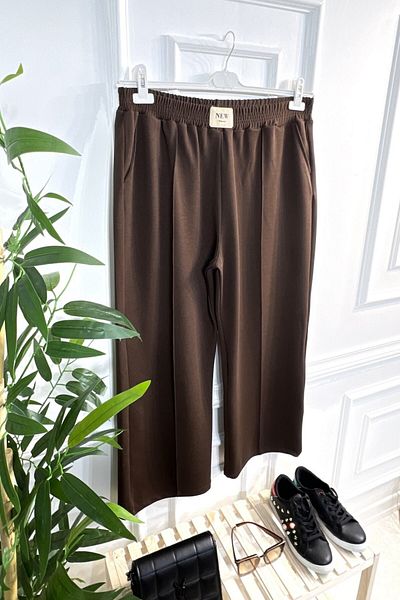 Aşkı Endam Asrın Wide Leg Trousers with Crest Detail and Full Stretch Elastic Waist - Brown