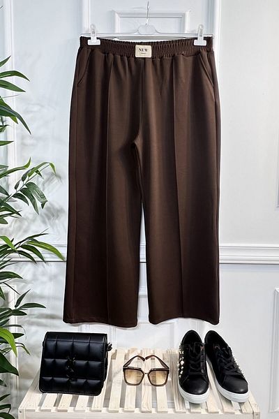 Aşkı Endam Asrın Wide Leg Trousers with Crest Detail and Full Stretch Elastic Waist - Brown