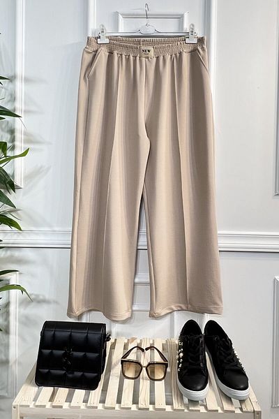 Aşkı Endam Asrın Emblem Detailed Full Stretchy Elastic Waist Wide Leg Trousers - Stone