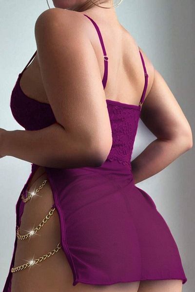 NİMSE LOVE Women's Purple Tulle Side Open Chain Nightdress Set Fancy Wear