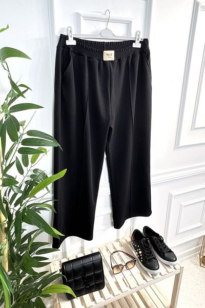 Aşkı Endam Asrın Wide Leg Trousers with Crest Detail and Full Stretch Elastic Waist - Black