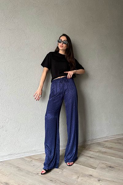 Seda Yalçın Atelier Pantaloni largi din jacquard cu model leopard bleumarin