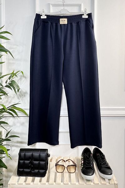 Aşkı Endam Asrın Crest Detailed Full Stretchy Elastic Waist Wide Leg Trousers - Navy Blue