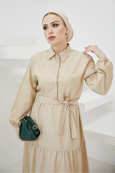 benguen 427 Shirt Collar Buttoned Hijab Dress Stone