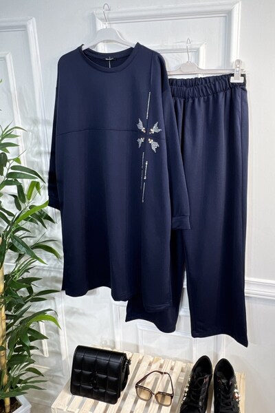 Aşkı Endam Σετ δύο τεμαχίων από χτενισμένο βαμβάκι με λεπτομέρεια από πέτρα αγγέλου - Μπλε ναυτικό