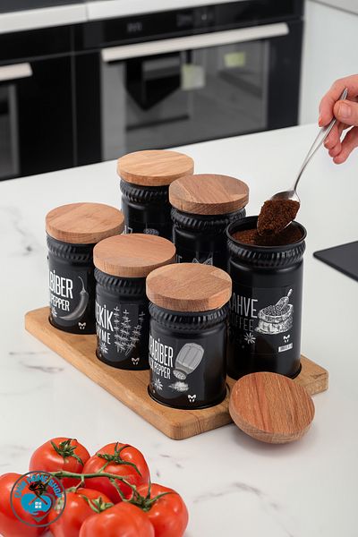 emir home shop 6-Piece Metal Luxury Spice Rack with Wooden Lid and Stand Galvanized Spice Set