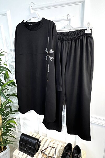 Aşkı Endam Large Size Angel Stone Detailed Combed Cotton Double Set - Black