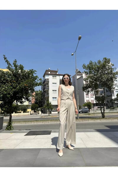 AHU BUTİK women's dark cream striped Palazzo pleated pants