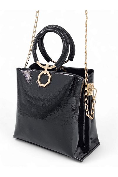 Evident Black Patent Leather Ring Handled Chain Hand and Shoulder Women's Bag