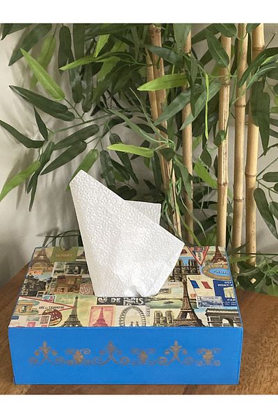 Fun Life Paris Themed Handmade Wooden Handkerchief Box - Blue