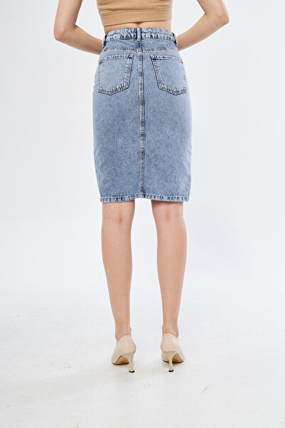 RC COLLECTİON Kadın Mavi Renk Yüksek Bel Midi Boy Yırtmaçlı Jean Etek